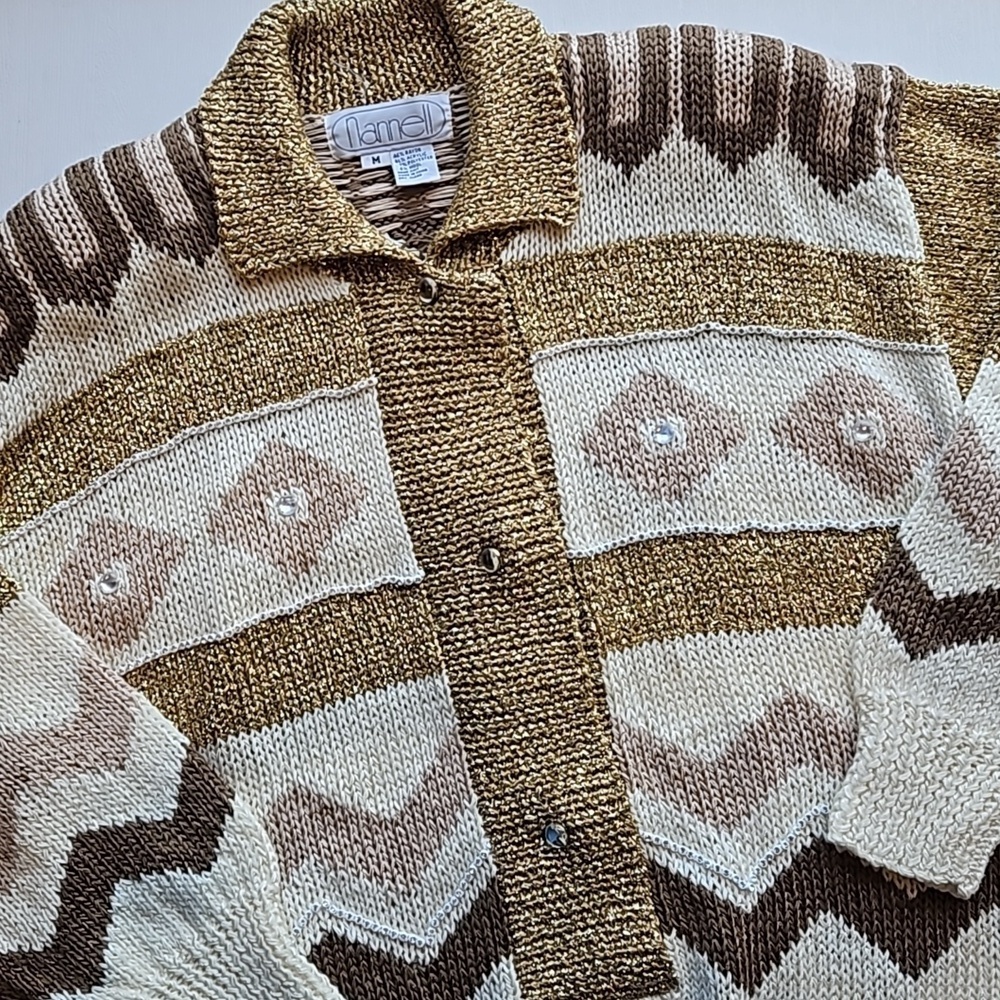 Nannell Vintage Glitz and Glam Gold Cream Chevron Sweater M